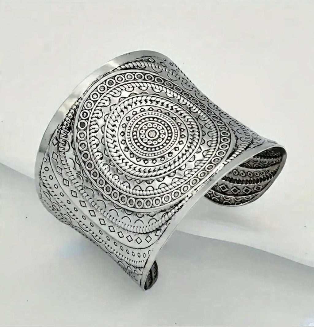 Silver Mandala Boho Cuff Bracelet