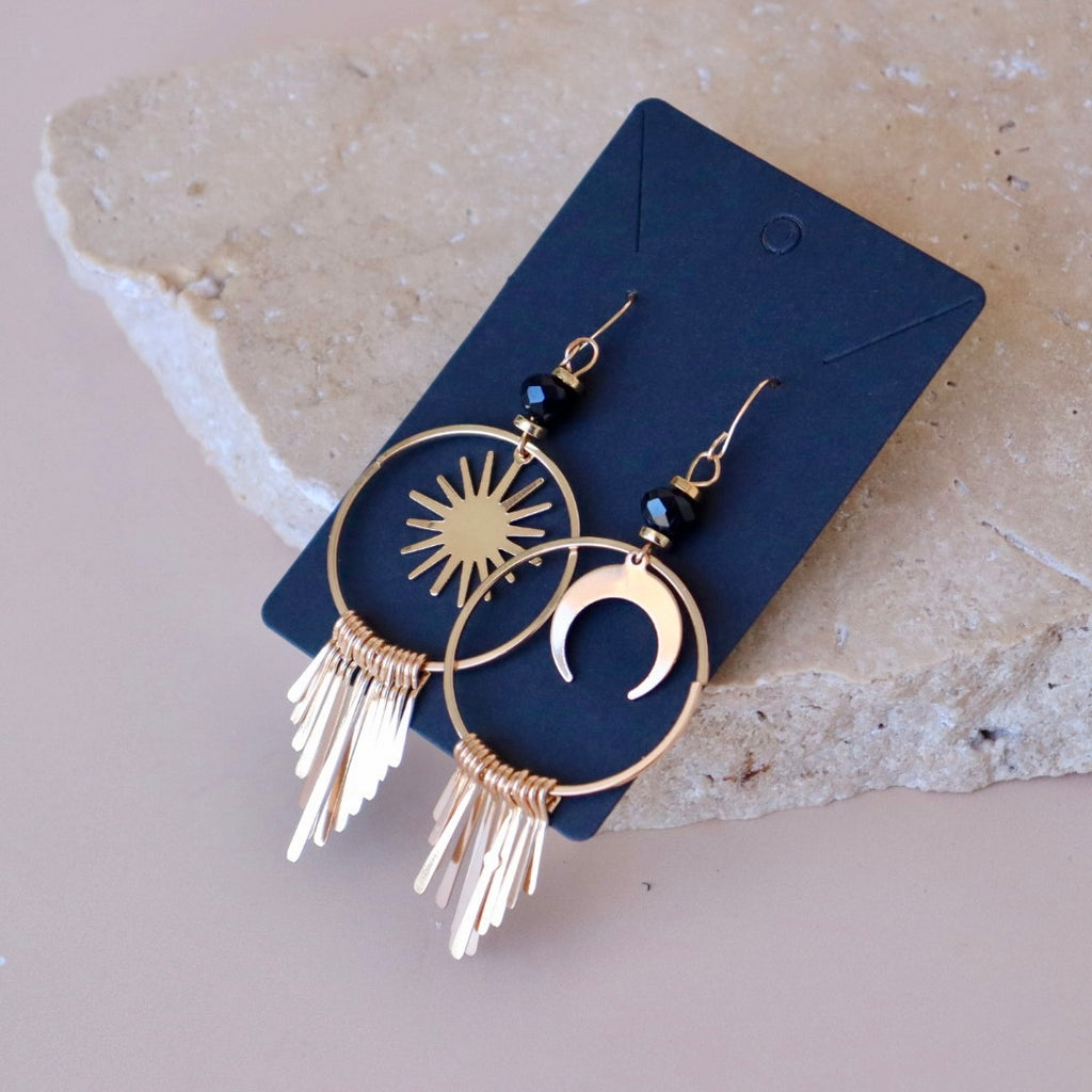 Moon and sun drop earrings celestial boho style jewellery in Australia 