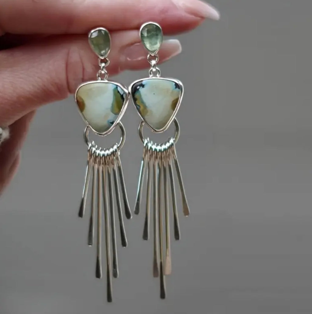 bohemian Earrings with green gemstones and silver fringe 