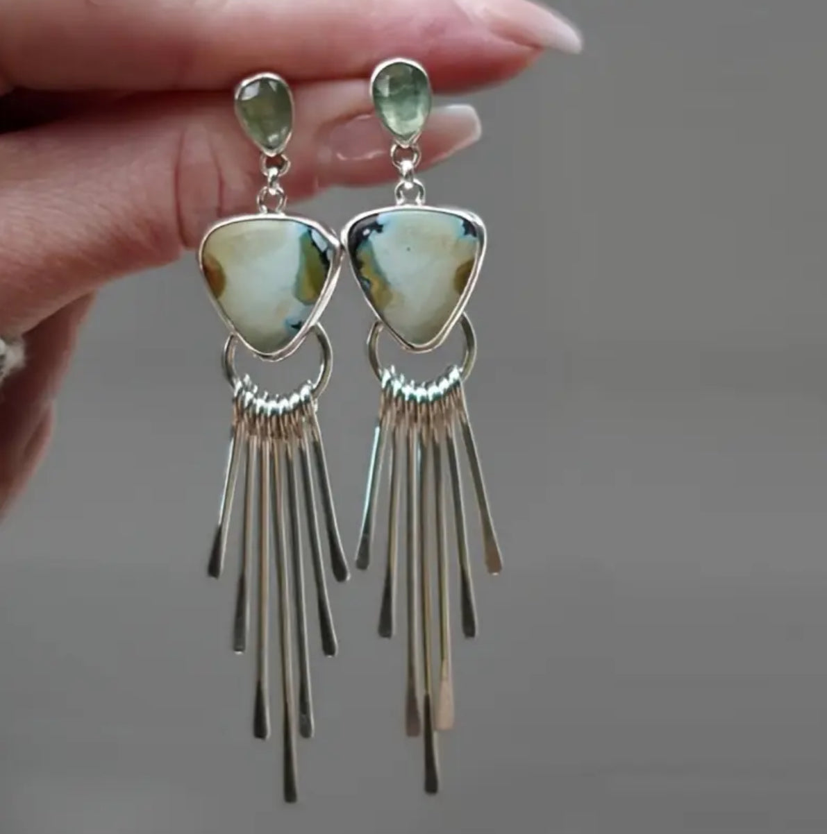 bohemian Earrings with green gemstones and silver fringe 
