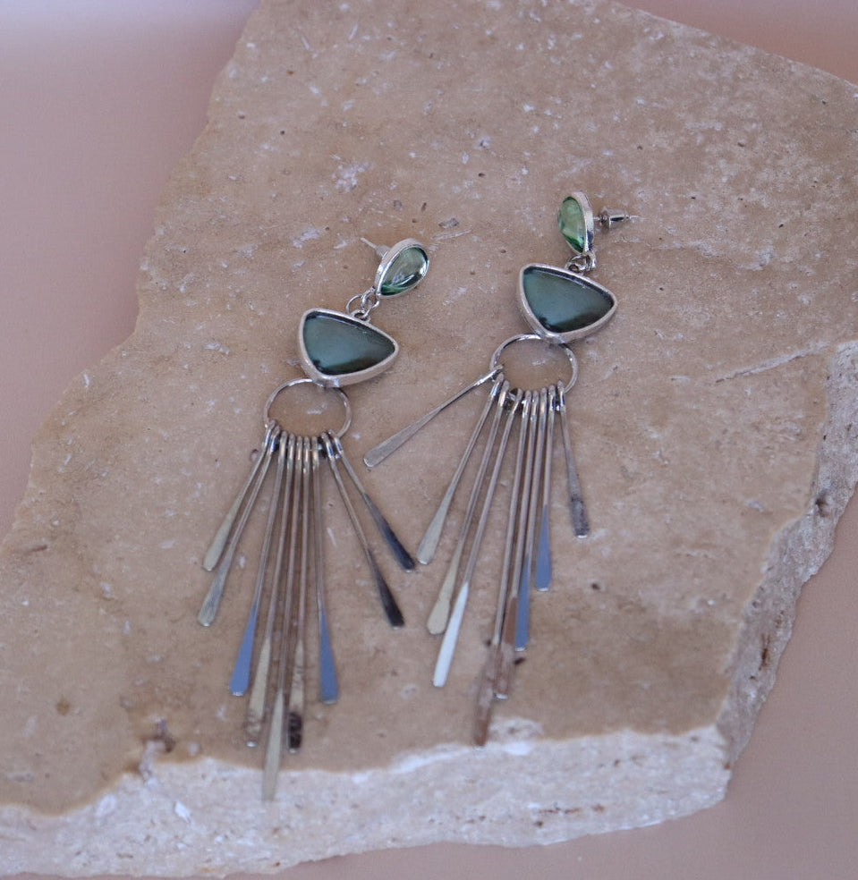 bohemian Earrings with green gemstones and silver fringe 