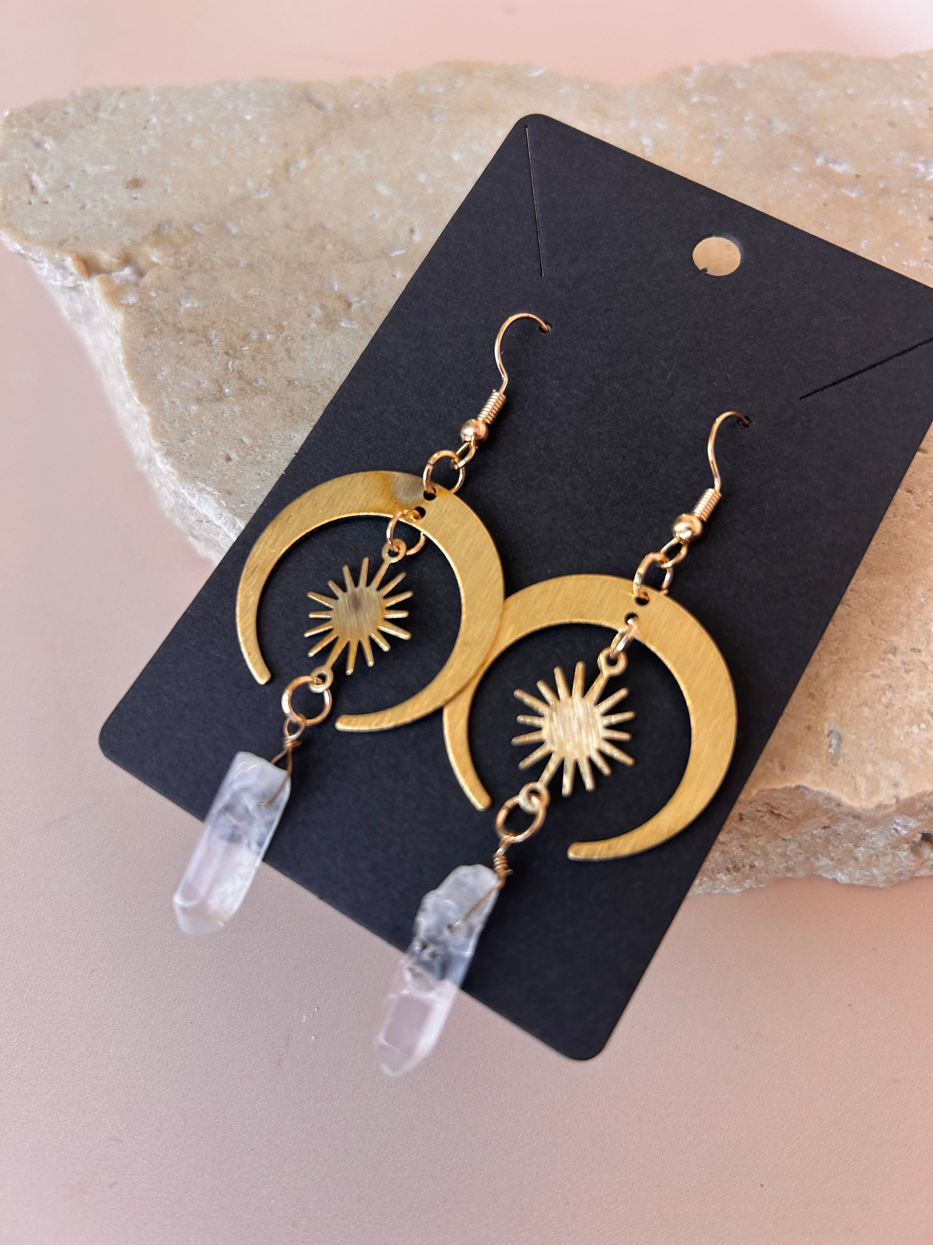 gold sun and moon earrings with crystal elements Sol and LunaSol & Luna Earrings Celestial